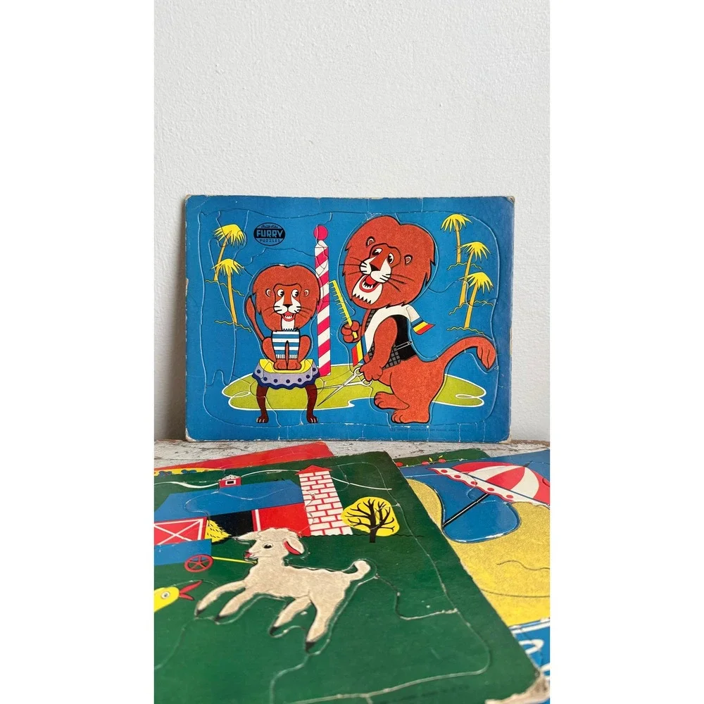 Vintage Built-Rite Furry Puzzles Set of 5 Flocked Animal Tray Puzzles